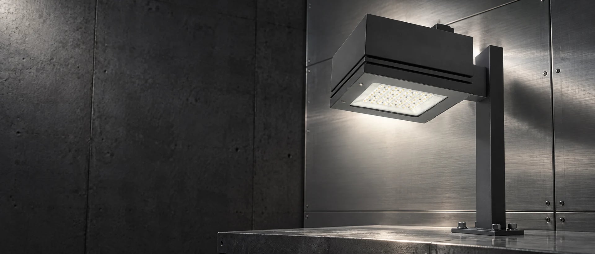 AI-generated industrial product visualization of the LUXiFiC BoxLED-152 rectangular outdoor luminaire